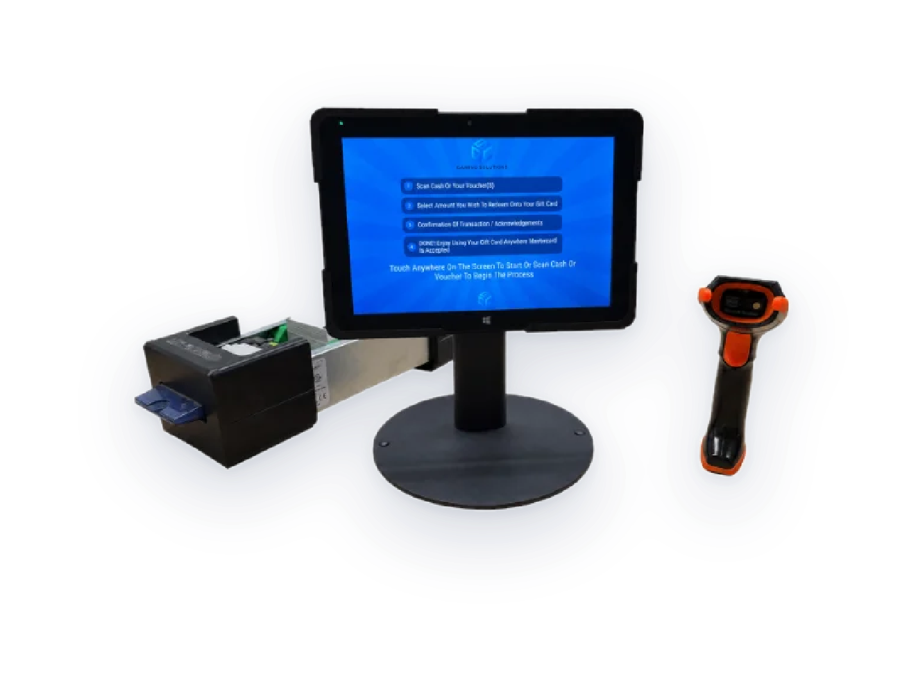 GSC attendant-operated redemption system with tablet, printer, and voucher scanner